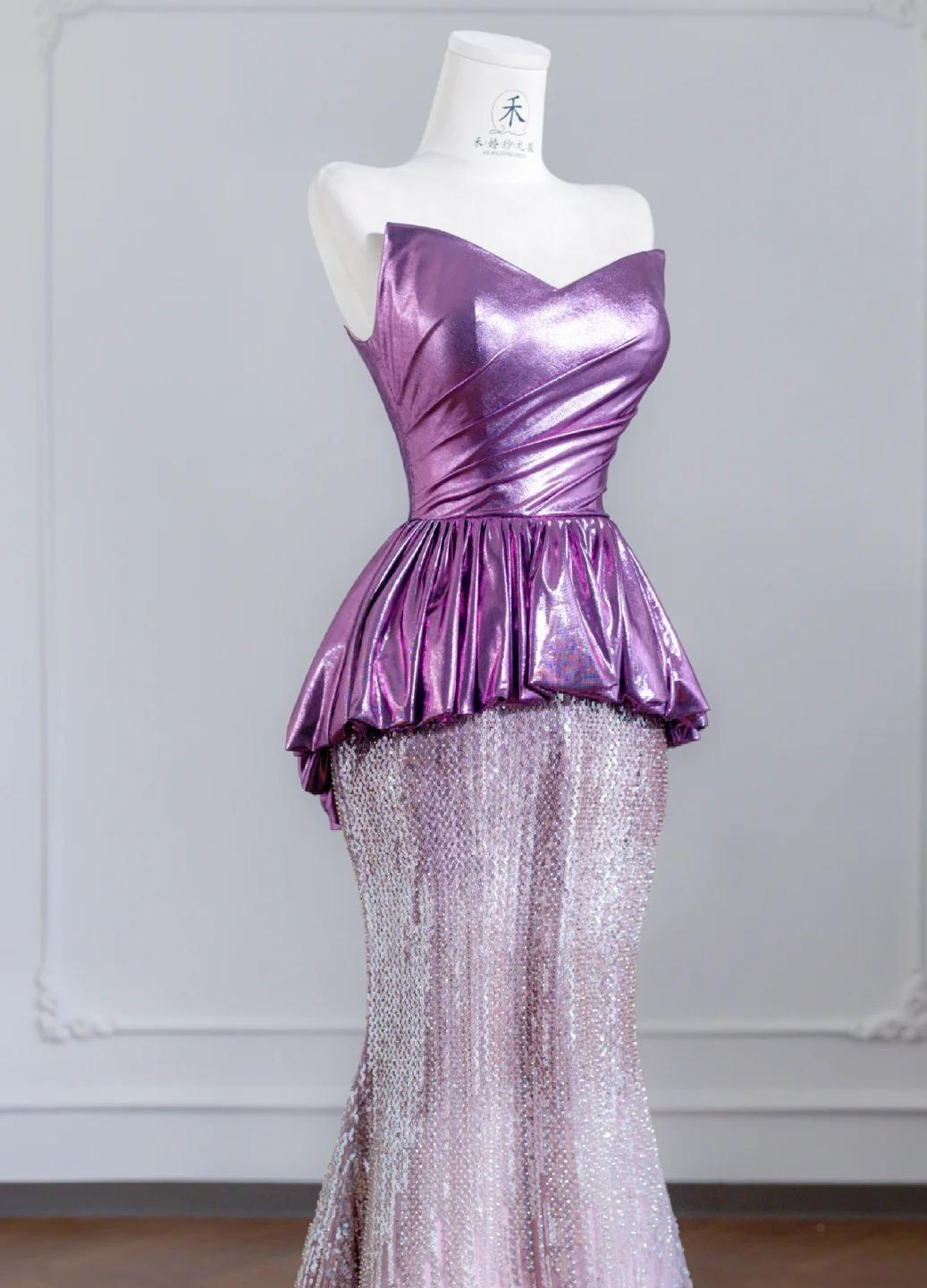 Cute Strapless Pink Purple Mermaid Satin Long Prom Dresses Elegant Evening Gowns RF0521