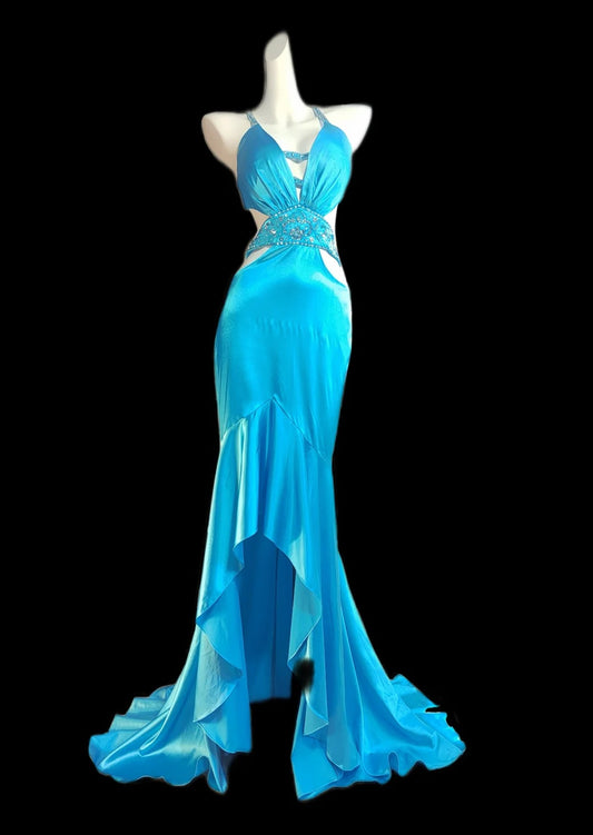 Vintage Blue Spaghetti Straps Hi-Lo Backless Satin Beaded Prom Dresses Elegant Evening Dress RF0522