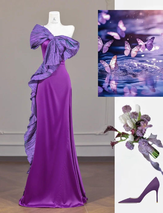 Fairytale Purple One Shoulder Mermaid Satin Bow Long Prom Dresses Sweet Evening Gowns RF0523