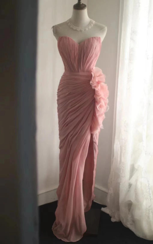 Elegant Peach Strapless Chiffon Sheath Prom Dresses Formal Evening Gown RF0525