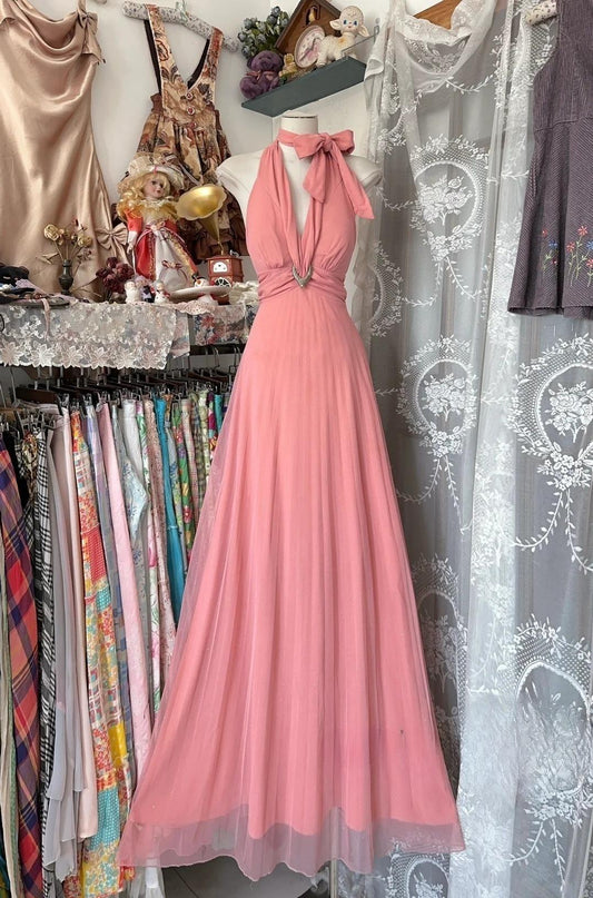Vintage Pink V-neck Tulle Party Dresses  Backless A-Line Formal Evening Gown RF0526