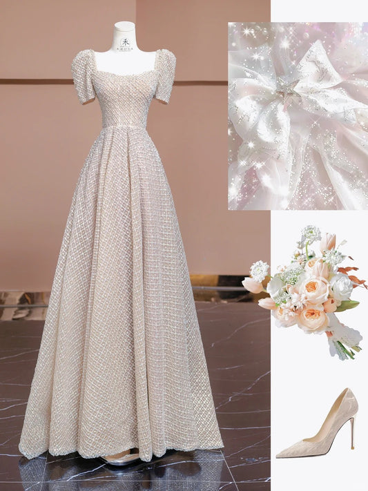 Gorgeous Champagne A-Line Square Neck Lace Beaded Wedding Dresses Formal Evening Gown RF0527