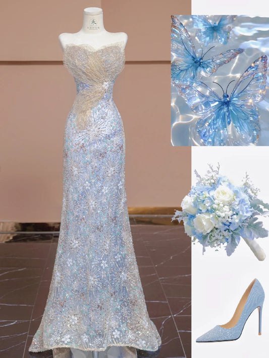 Stunning Blue Beaded Strapless Mermaid Wedding Dresses Formal Evening Gowns RF0528