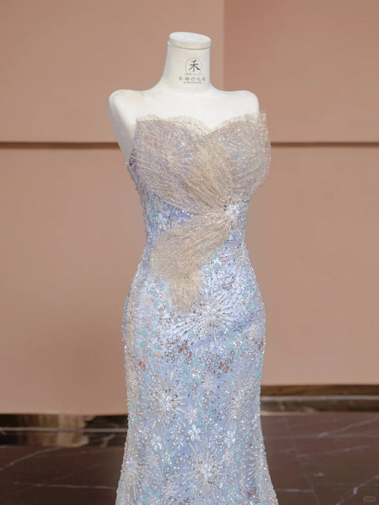 Stunning Blue Beaded Strapless Mermaid Wedding Dresses Formal Evening Gowns RF0528