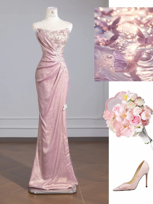 Cute Pink Glitter Satin Mermaid Formal Evening Gowns Strapless Elegant Long Prom Dresses RF0529