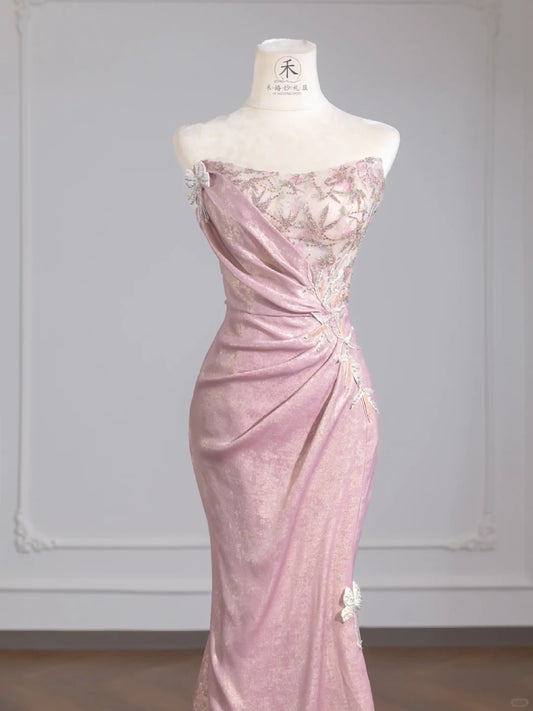 Cute Pink Glitter Satin Mermaid Formal Evening Gowns Strapless Elegant Long Prom Dresses RF0529