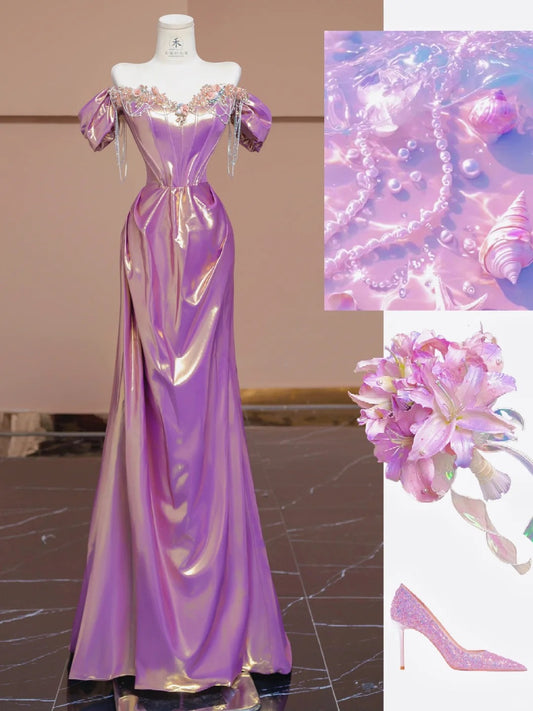 Gorgeous Purple Off Shoulder Satin Beaded A-line Long Prom Dresses Stylish Formal Evening Gowns RF0530