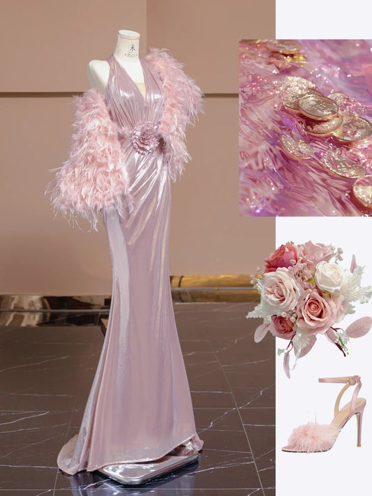 Elegant Pink V-neck Mermaid Satin Long Formal Evening Gowns RF0531