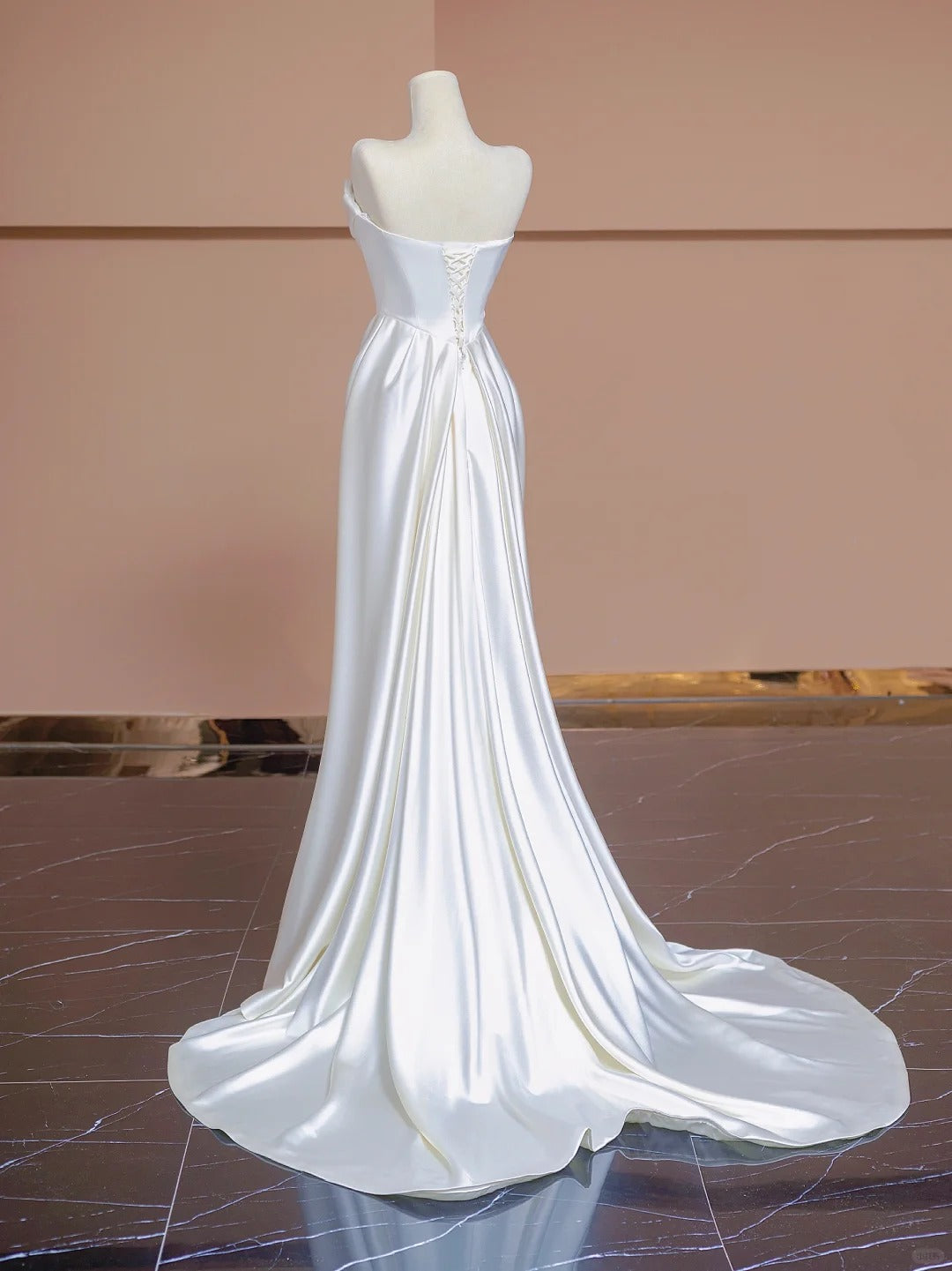 Glam White Strapless Mermaid Satin Open Back Wedding Dress  RF0533