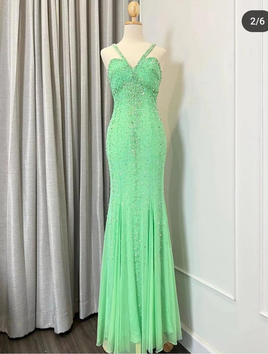 Vintage Green Halter Neck Beaded Chiffon Mermaid Long Prom Dresses Formal Evening Gowns  RF0534