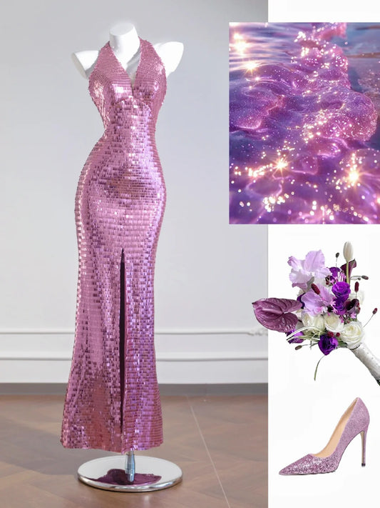 Gorgeous Pink V-neck Mermaid Sequined Backless Formal Evening Gowns RF0540