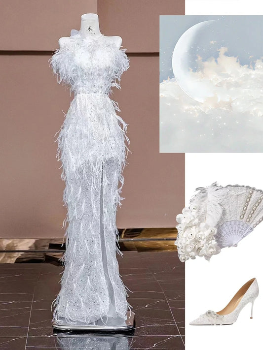 Gorgeous White One Shoulder Tulle Feather Mermaid Wedding Dress Formal Evening Dress RF0543