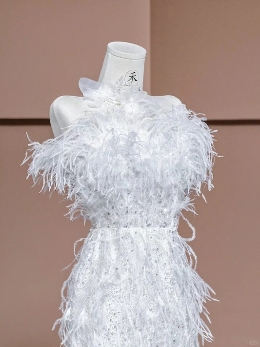 Gorgeous White One Shoulder Tulle Feather Mermaid Wedding Dress Formal Evening Dress RF0543