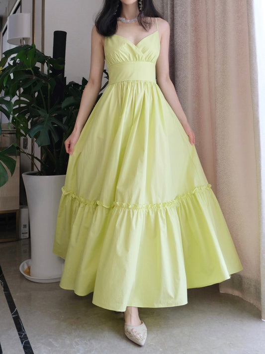 Gelbes A-Linien-Modekleid mit Spaghettiträgern RF0550