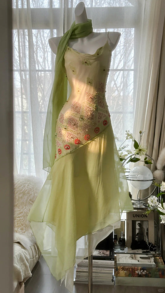 Märchenhaftes grünes Spaghettiträger-Vintage-Partykleid, Etuikleid aus Chiffon mit Perlen, kurze Ballkleider RF0551