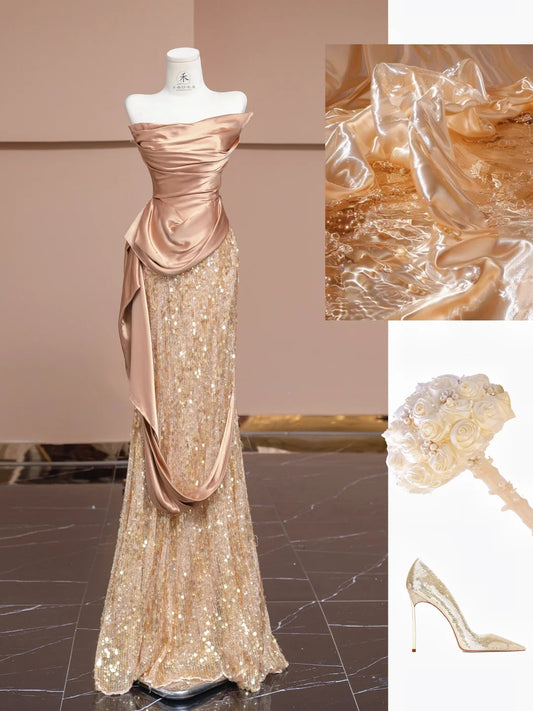Gorgeous Pastel Orange Strapless Mermaid Satin Sequin Prom Dresses Formal Evening Dress RF0554