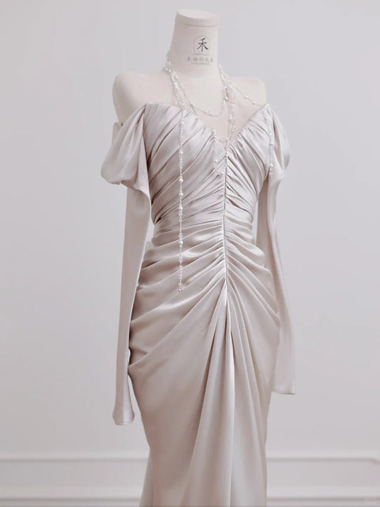Elegant Long Sleeve Off Shoulder Pleated Satin Mermaid Long Prom Dresses Formal Evening Gowns RF0557