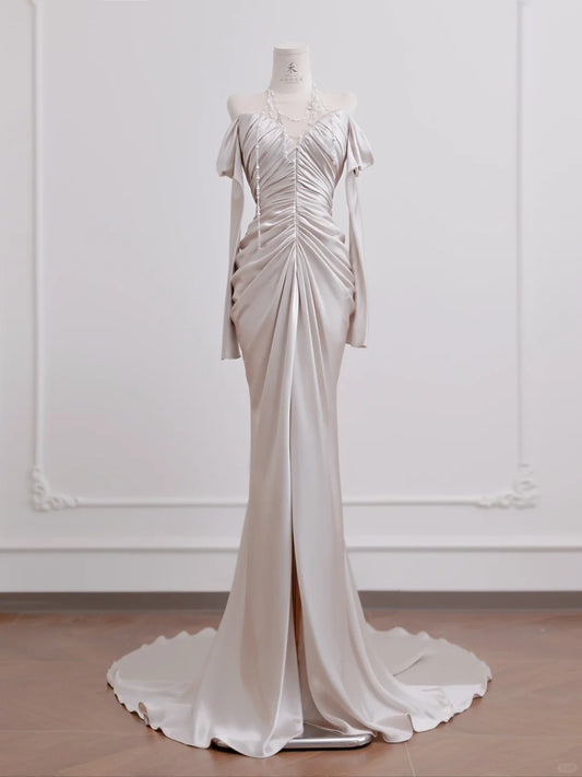 Elegant Long Sleeve Off Shoulder Pleated Satin Mermaid Long Prom Dresses Formal Evening Gowns RF0557