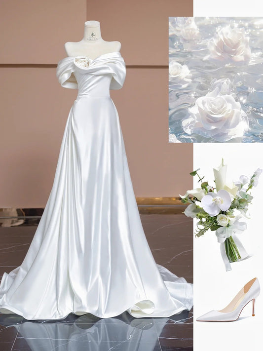 Glam White Off Shoulder A-Line Satin Wedding Dress Formal Evening Gowns RF0558