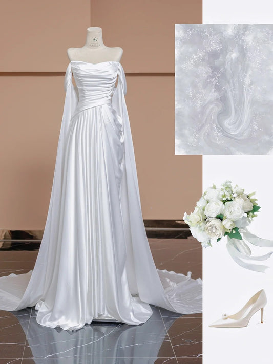 Fairy White A-Line Satin Off-Shoulder Train Wedding Dress Formal Evening Gowns RF0560