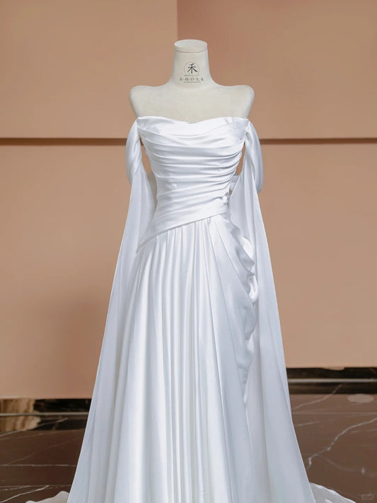 Fairy White A-Line Satin Off-Shoulder Train Wedding Dress Formal Evening Gowns RF0560