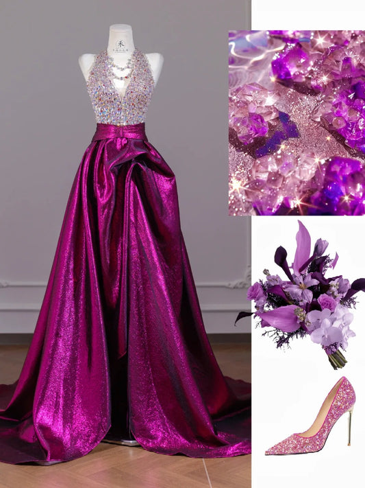 Gorgeous Fuchsia V-Neck A-Line Satin with Rhinestone Long Prom Dresses Formal Evening Gowns RF0561