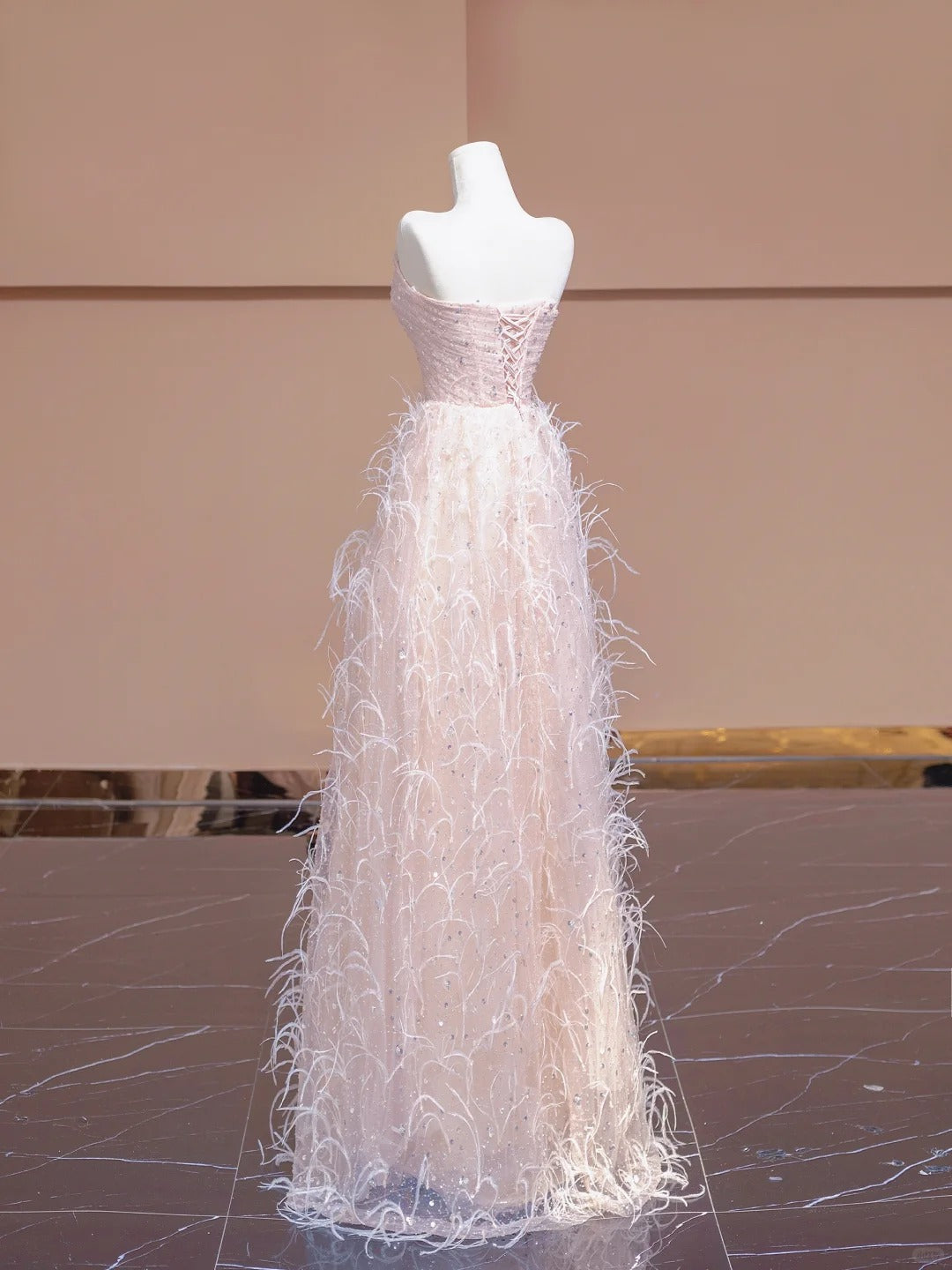 Sweet Blush Pink Tulle  Sequined A-Line Strapless Train Wedding Dress Formal Evening Gowns RF0563