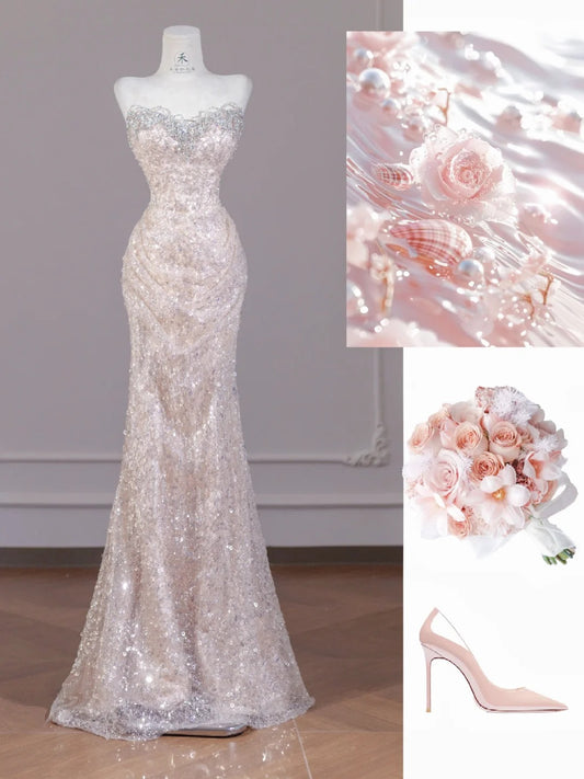 Gorgeous Light Pink Tulle Sequin Mermaid Strapless Wedding Dress Sweet 16 Evening Gowns RF0564