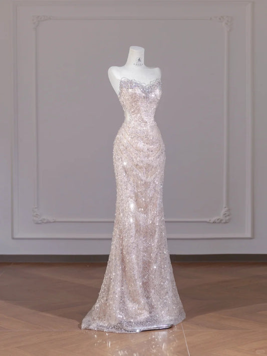 Gorgeous Light Pink Tulle Sequin Mermaid Strapless Wedding Dress Sweet 16 Evening Gowns RF0564
