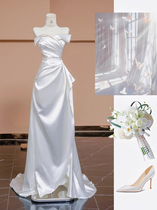 Elegant White Mermaid Strapless Satin Wedding Dress Simple Evening Dress RF0565