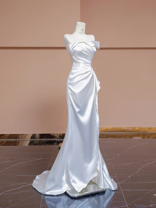 Elegant White Mermaid Strapless Satin Wedding Dress Simple Evening Dress RF0565