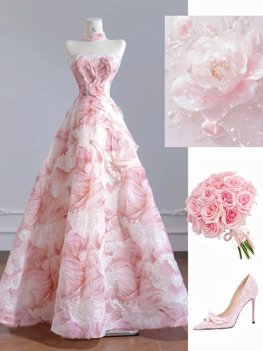 Princess Pink Strapless A-Line Tulle Applique Prom Dresses Beaded Evening Gowns RF0566