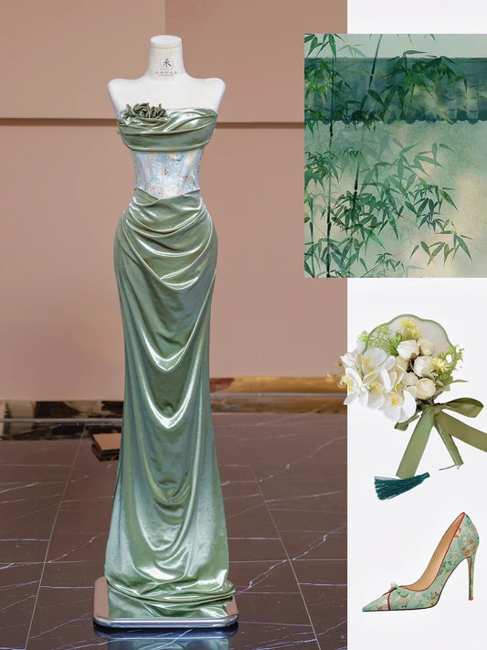 Elegant Green Strapless Mermaid Satin Applique Prom Dresses Formal Evening Dress RF0567