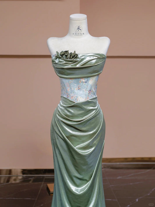 Elegant Green Strapless Mermaid Satin Applique Prom Dresses Formal Evening Dress RF0567