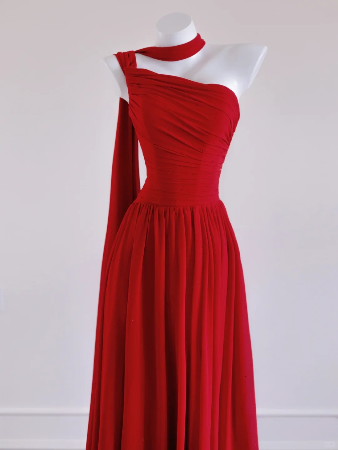 Glam Red One Shoulder A-Linie Chiffon Lange Ballkleider Formale Abendkleider RF0568
