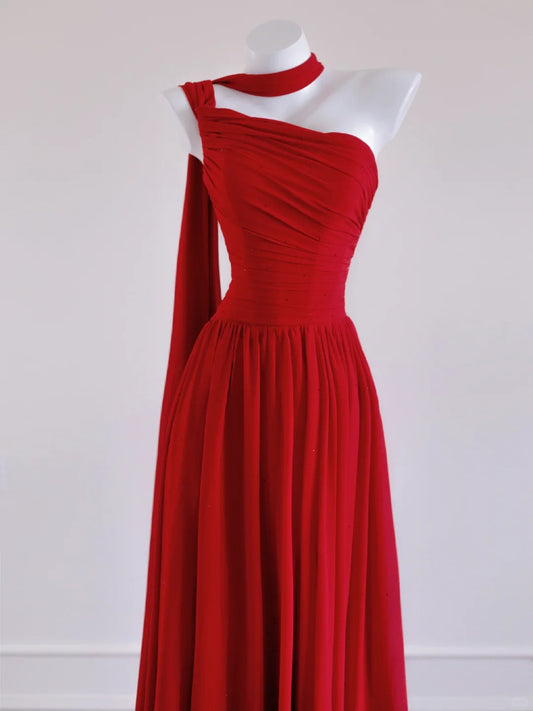 Glam Red One Shoulder A-Linie Chiffon Lange Ballkleider Formale Abendkleider RF0568