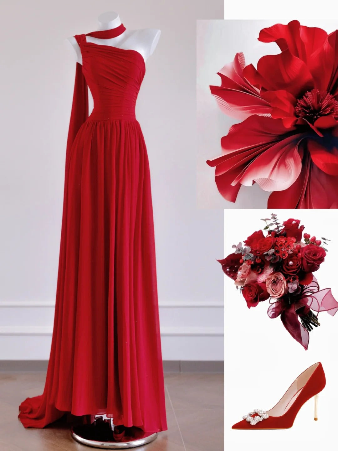 Glam Red One Shoulder A-Linie Chiffon Lange Ballkleider Formale Abendkleider RF0568