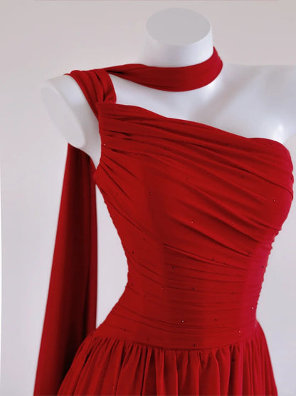 Glam Red One Shoulder A-Linie Chiffon Lange Ballkleider Formale Abendkleider RF0568