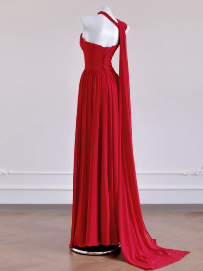 Glam Red One Shoulder A-Linie Chiffon Lange Ballkleider Formale Abendkleider RF0568