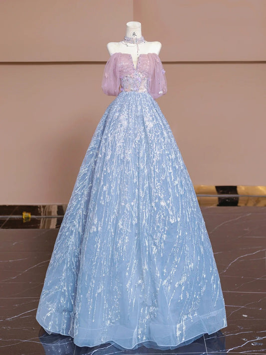 Gorgeous Pink Purple Off Shoulder Tulle A-Line Beaded Sequins Long Prom Dresses Sweet 16 Evening Dress RF0570