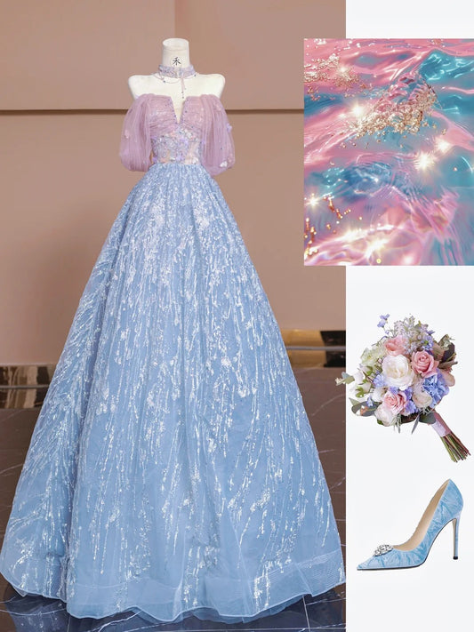 Gorgeous Pink Purple Off Shoulder Tulle A-Line Beaded Sequins Long Prom Dresses Sweet 16 Evening Dress RF0570