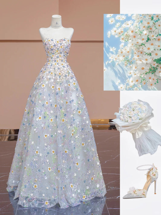 Fairytale White Strapless A-Line Applique Tulle Wedding Dress Sweet 16 Evening Gowns RF0571