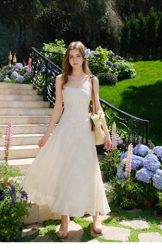Französisches weißes Chiffon-A-Linien-Kleid mit Spaghettiträgern, Sommermode, Geburtstagsparty, RF0573