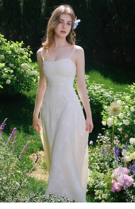 Französisches weißes Chiffon-A-Linien-Kleid mit Spaghettiträgern, Sommermode, Geburtstagsparty, RF0573