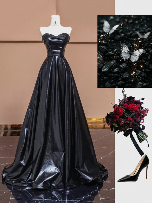 Elegant Black Strapless Satin A-Line Long Prom Dresses Formal Evening Gowns RF0574
