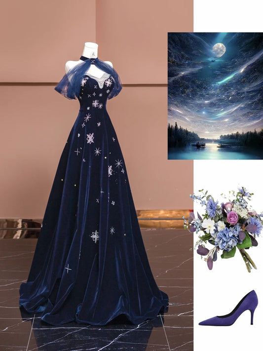 Elegant Navy Blue Sweetheart A-Line Velvet Long Prom Dresses Formal Evening Dresses RF0581
