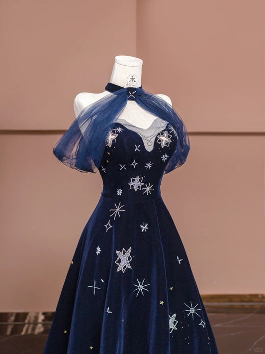 Elegant Navy Blue Sweetheart A-Line Velvet Long Prom Dresses Formal Evening Dresses RF0581