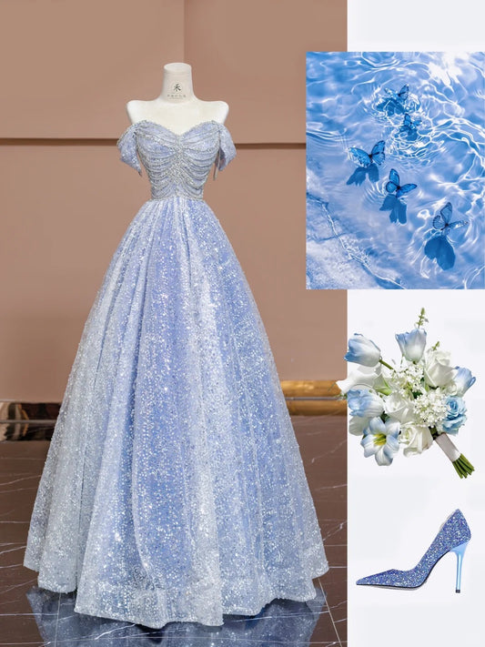 Gorgeous Blue Off Shoulder Beaded A-Line Tulle Sequin Long Prom Dresses Formal Evening Dresses RF0582