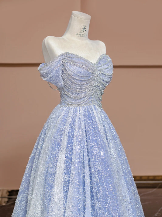 Gorgeous Blue Off Shoulder Beaded A-Line Tulle Sequin Long Prom Dresses Formal Evening Dresses RF0582