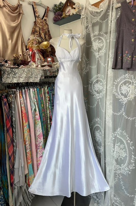 Elegant White Halter Neck Sheath Satin Party Dresses Formal Evening Dresses RF0583